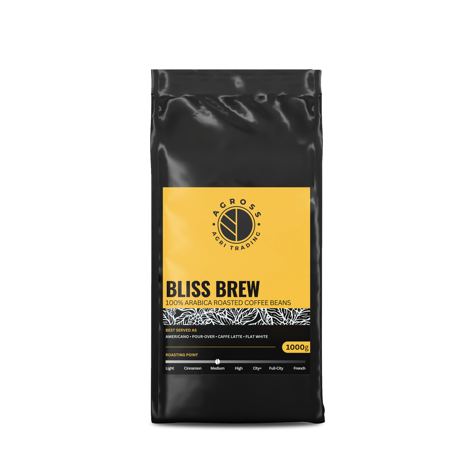 A branded 1kg coffee bag design, the packaging format used for white-label coffee